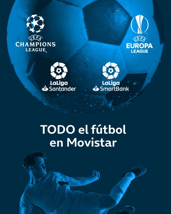Imagen del fútbol en Movistar con un balón y las ligas que ofrece
